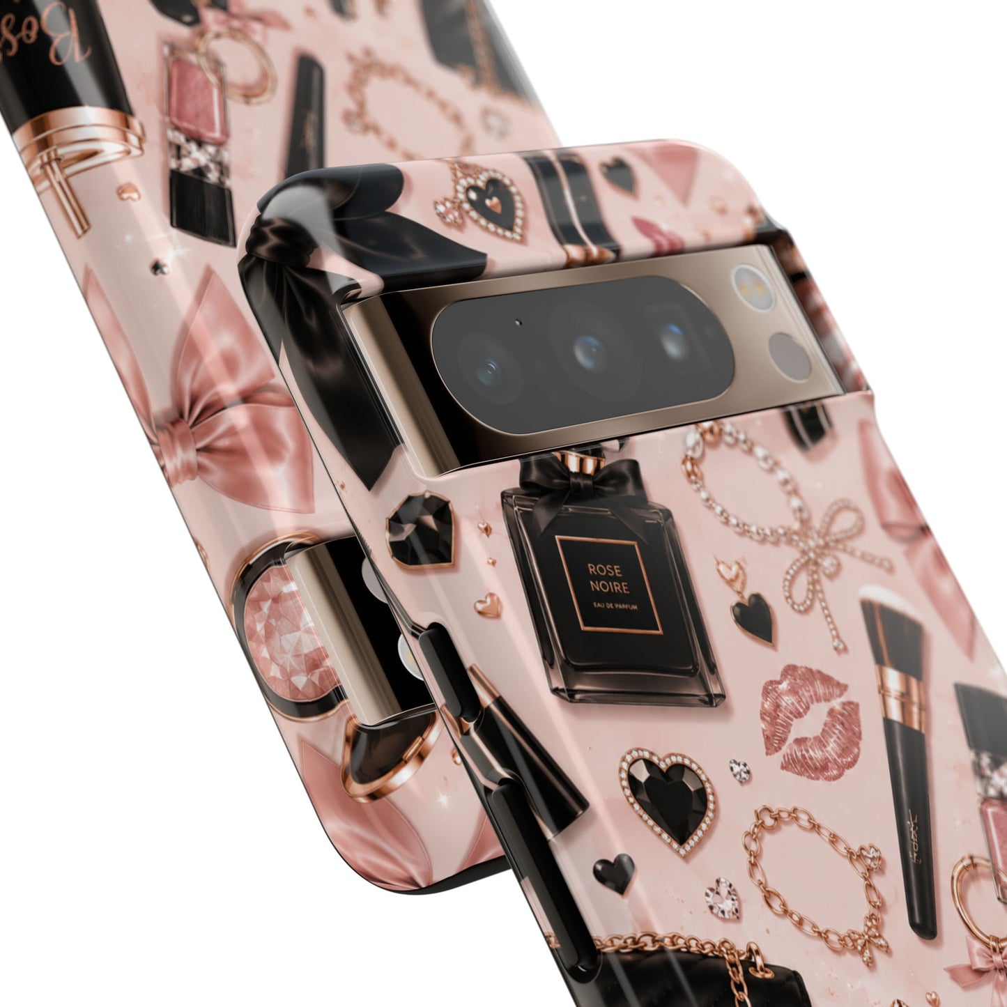 Sunflower Porch Co Glam Makeup Pattern Phone Case | Rose Gold Cosmetics, Perfume, Lipstick