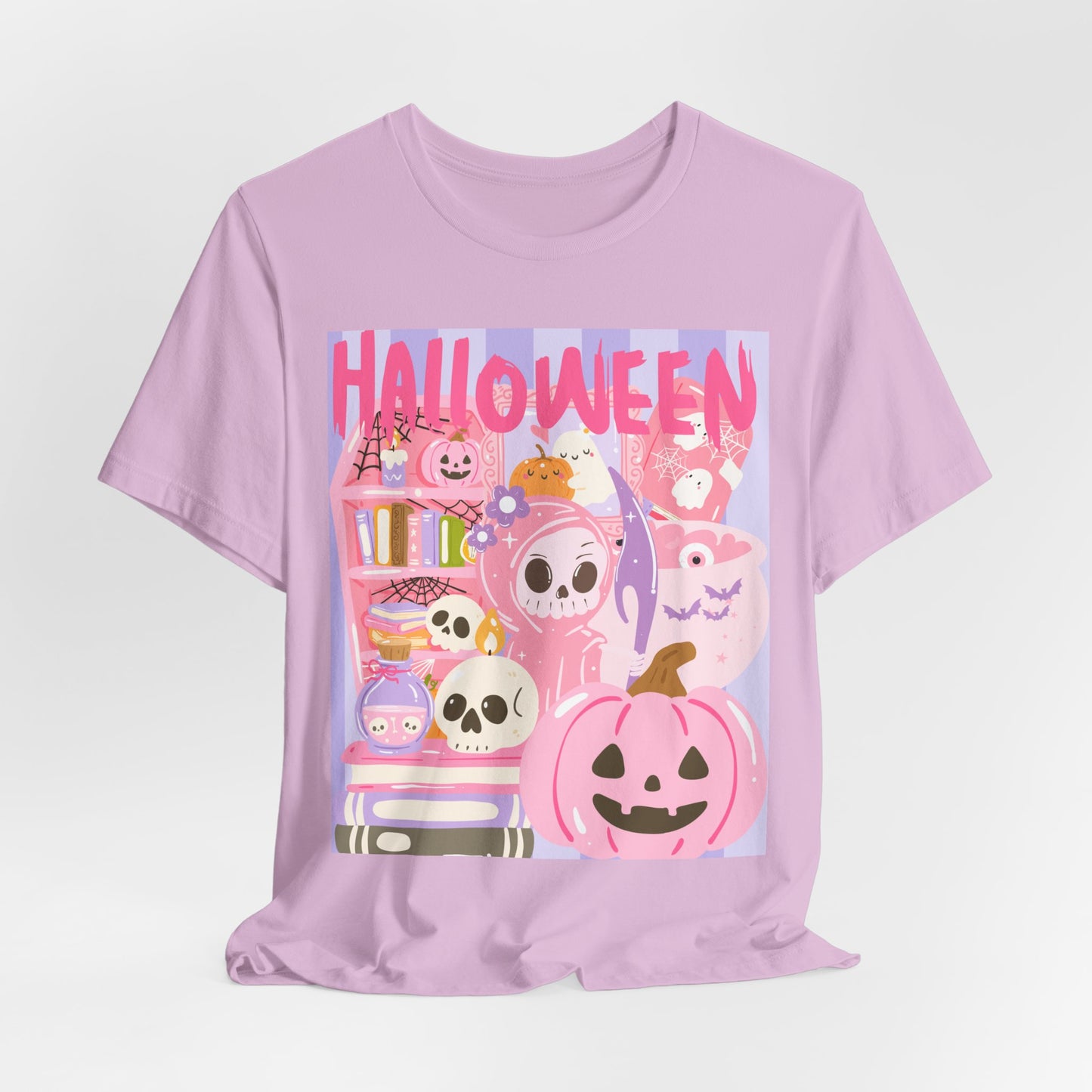 SunflowerPorchCo Pink Cute Halloween Characters Tee | Jack-o'-Lantern Skulls Candy