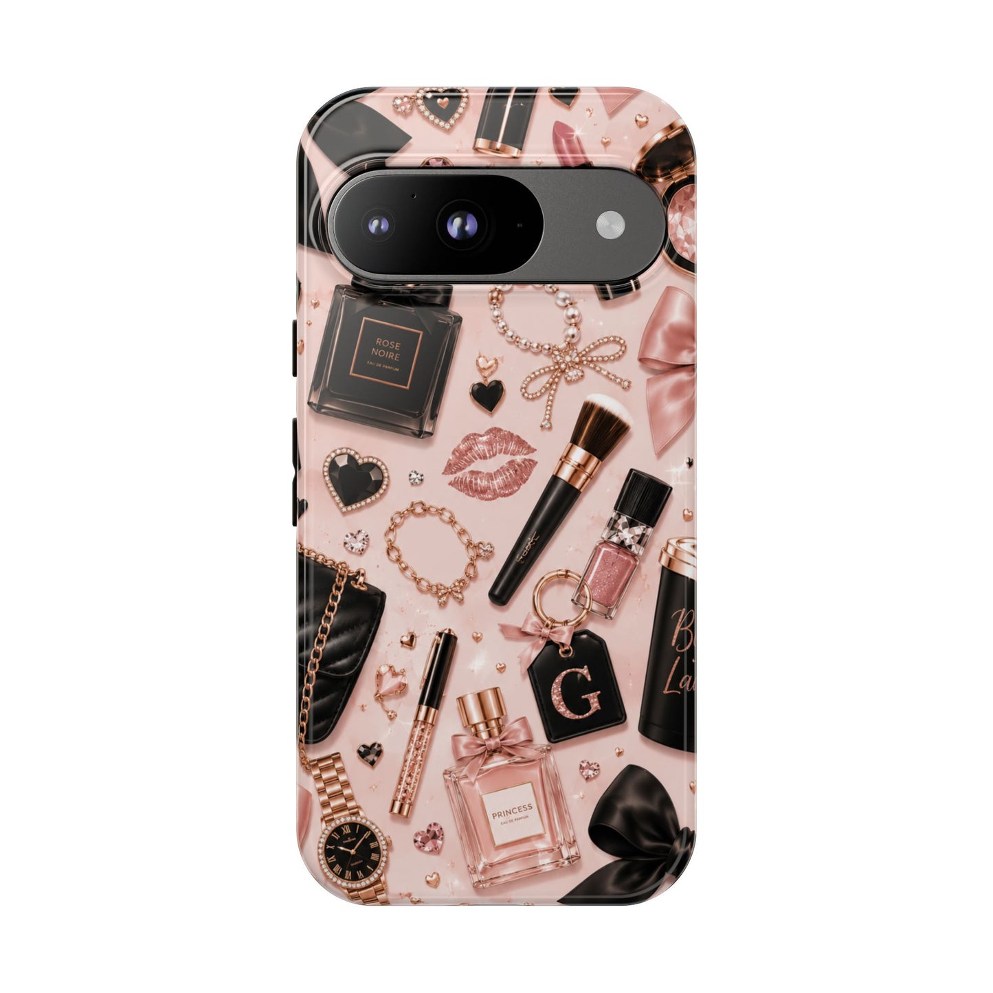 Sunflower Porch Co Glam Makeup Pattern Phone Case | Rose Gold Cosmetics, Perfume, Lipstick