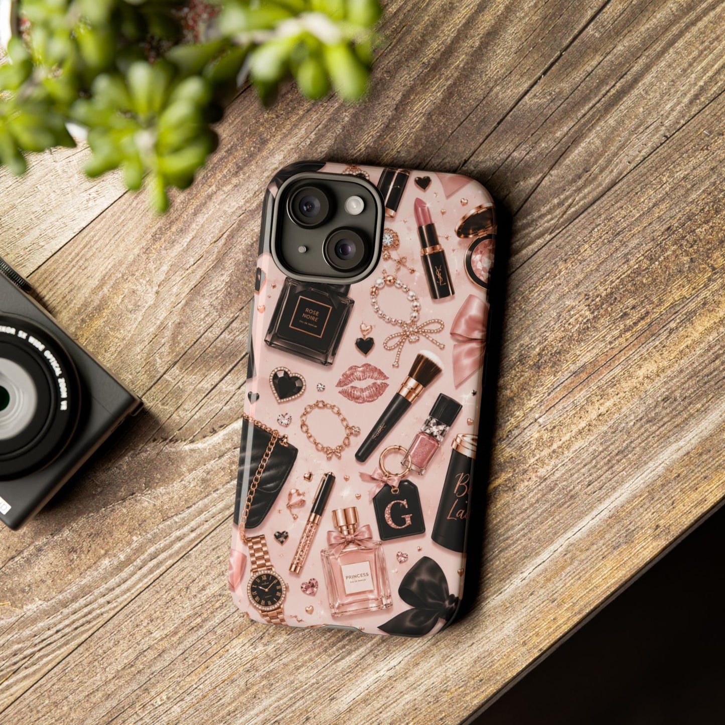 Sunflower Porch Co Glam Makeup Pattern Phone Case | Rose Gold Cosmetics, Perfume, Lipstick