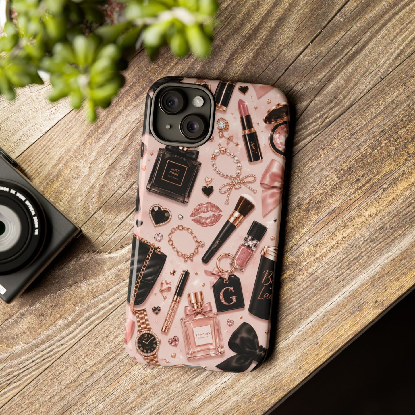 Sunflower Porch Co Glam Makeup Pattern Phone Case | Rose Gold Cosmetics, Perfume, Lipstick