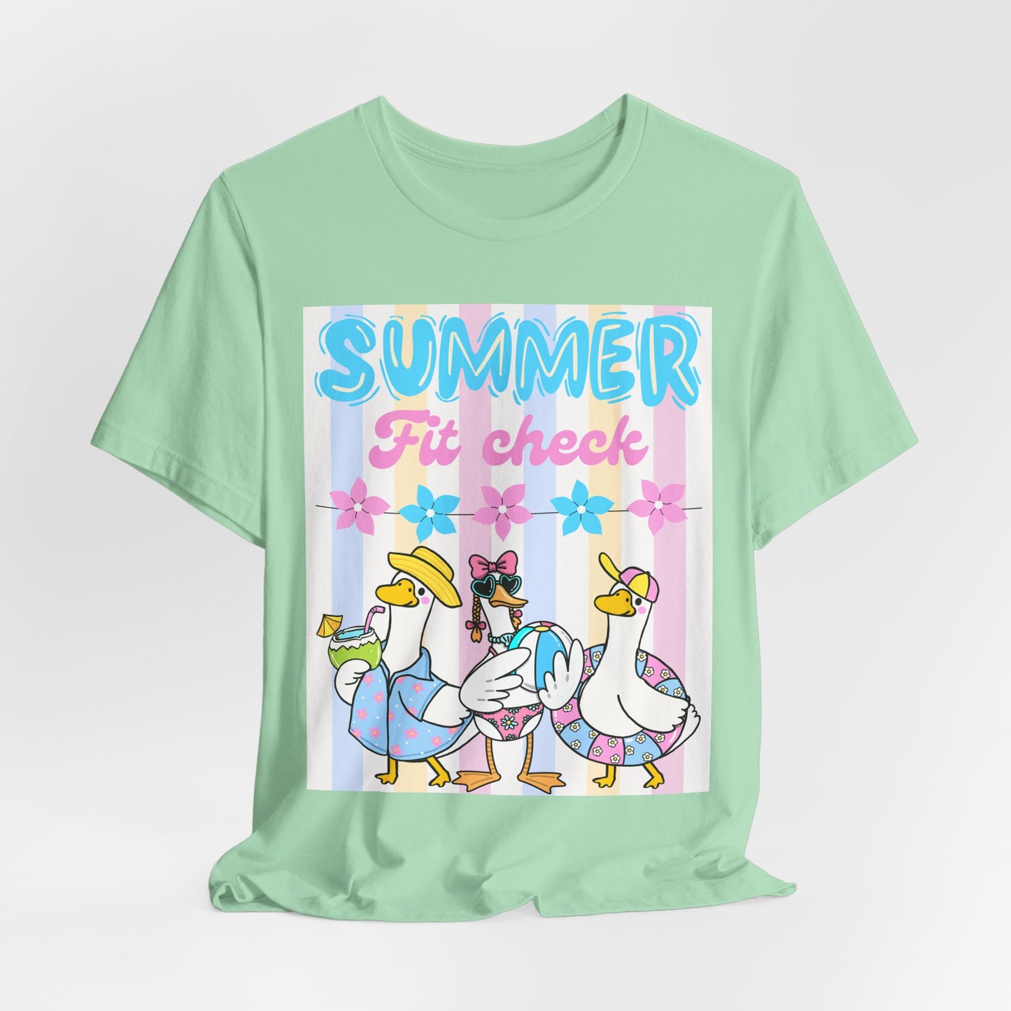 SunflowerPorchCo Summer Fit Check Tee | Cartoon Ducks in Sunglasses, Pastel Beach Vibes