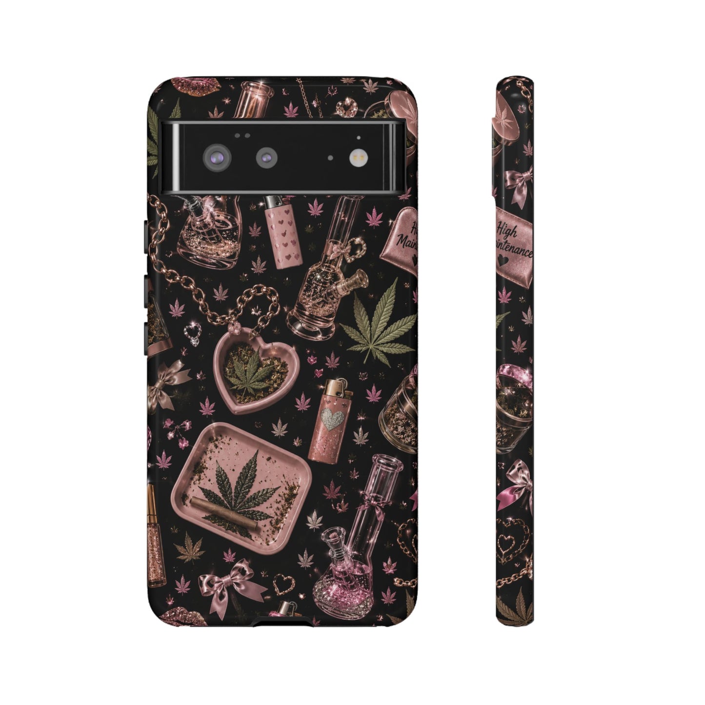 Sunflower Porch Co Pink Cannabis Pattern Tough Case | Weed Leaf Phone Case, Grinder & Lighter Design