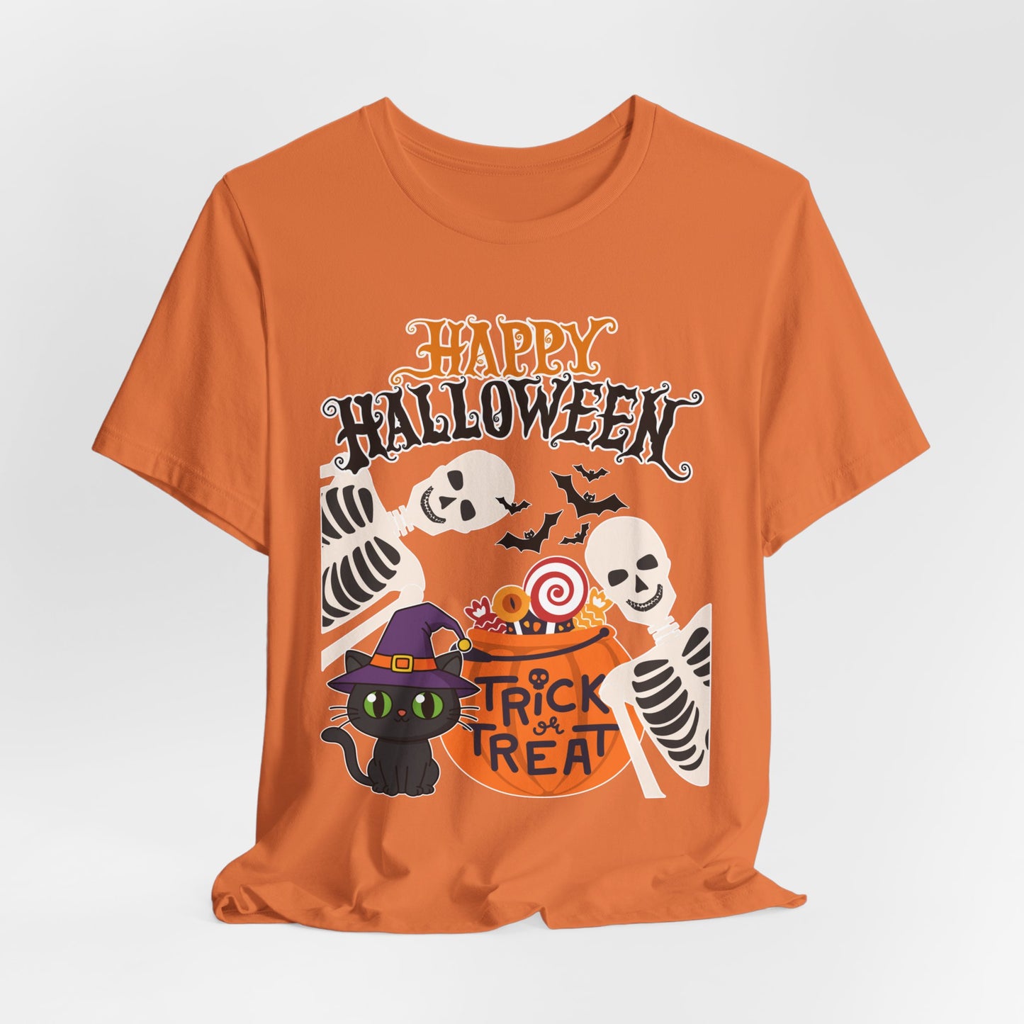 Happy Halloween skeletons, black cat, trick or treat tee
