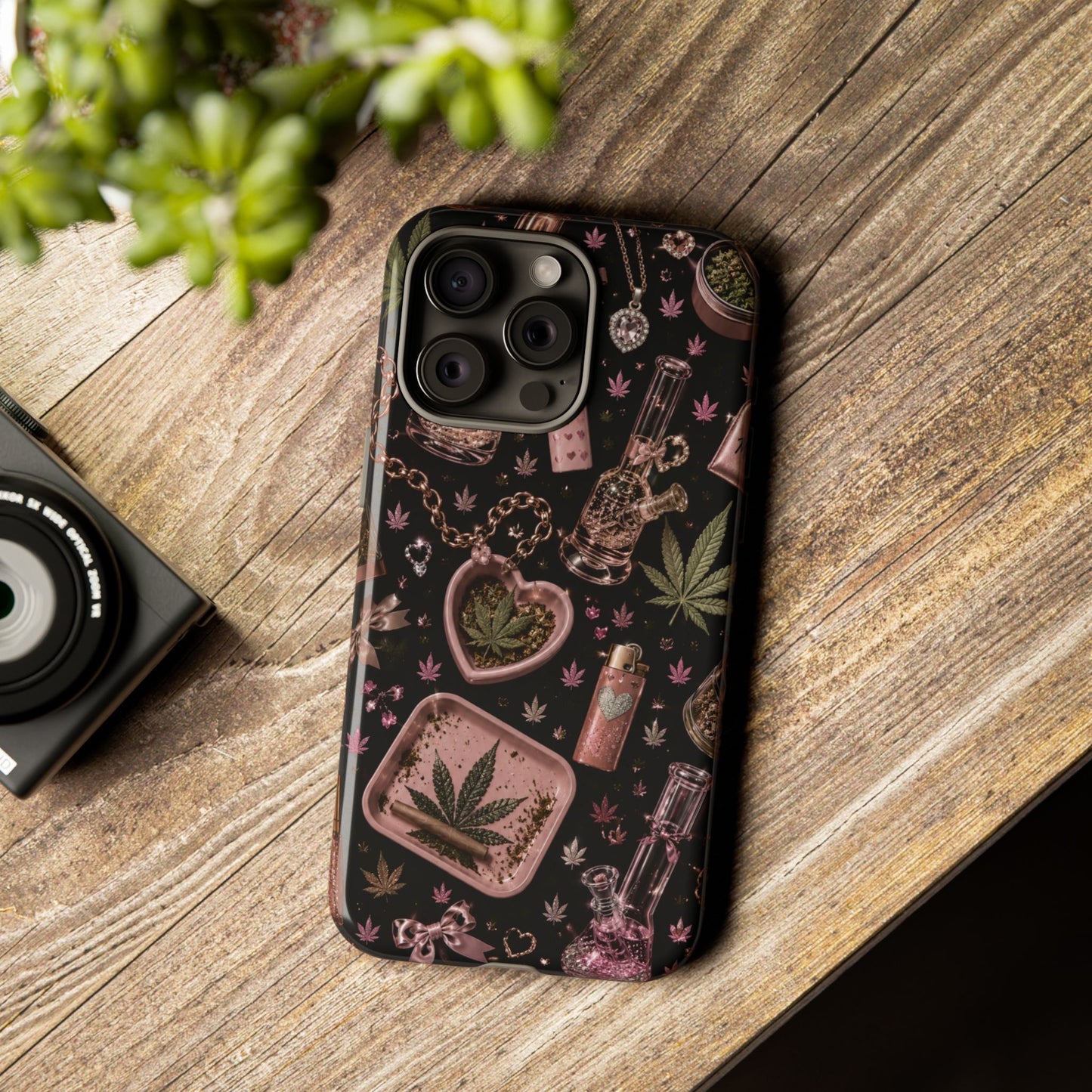 Sunflower Porch Co Pink Cannabis Pattern Tough Case | Weed Leaf Phone Case, Grinder & Lighter Design