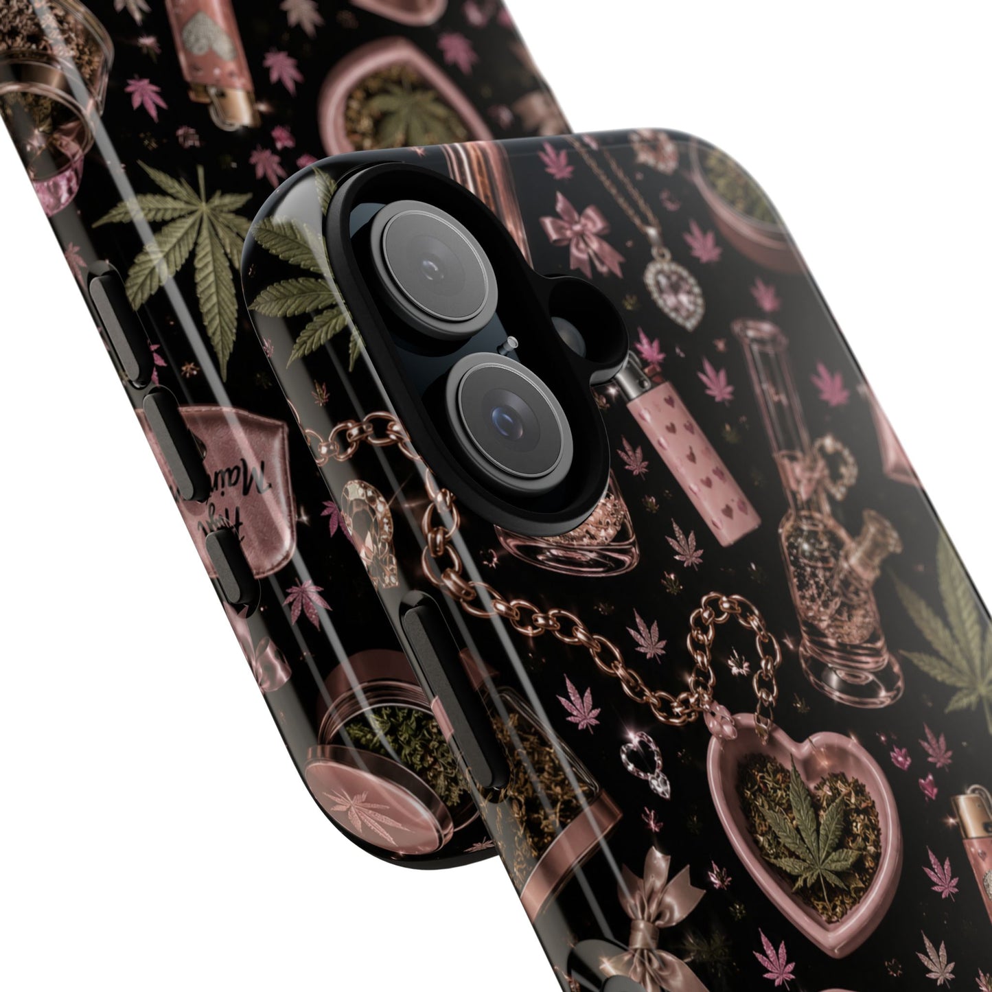 Sunflower Porch Co Pink Cannabis Pattern Tough Case | Weed Leaf Phone Case, Grinder & Lighter Design