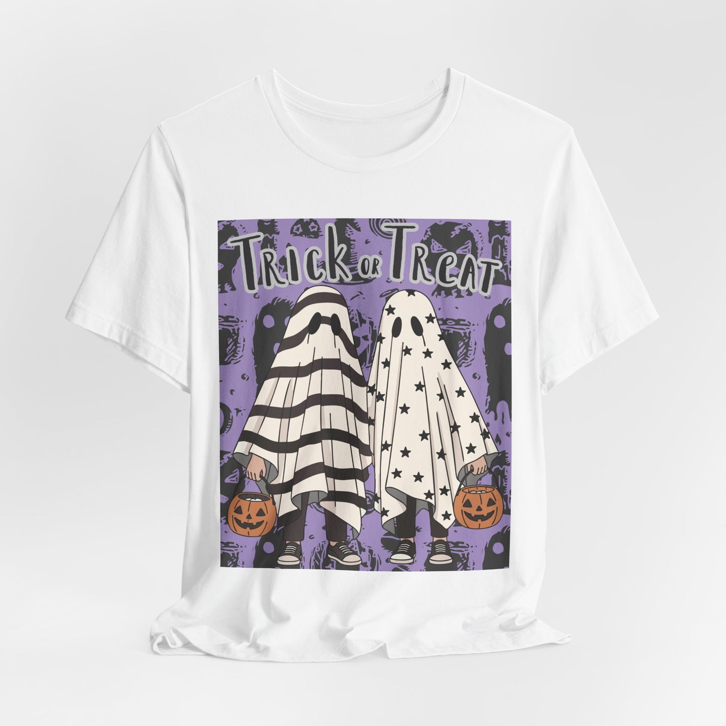 SunflowerPorchCo Trick or Treat Ghost Kids Halloween T-Shirt | Pumpkin Costume Tee