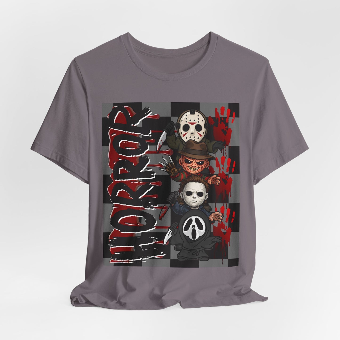 SunflowerPorchCo Horror Mask Stack T-Shirt | Slasher Masks, Blood Handprints, Creepy Checker
