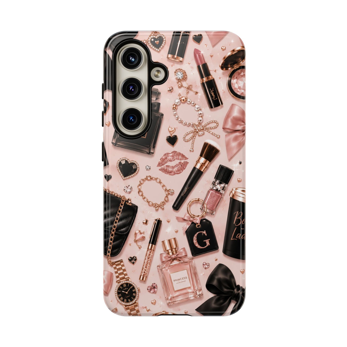 Sunflower Porch Co Glam Makeup Pattern Phone Case | Rose Gold Cosmetics, Perfume, Lipstick