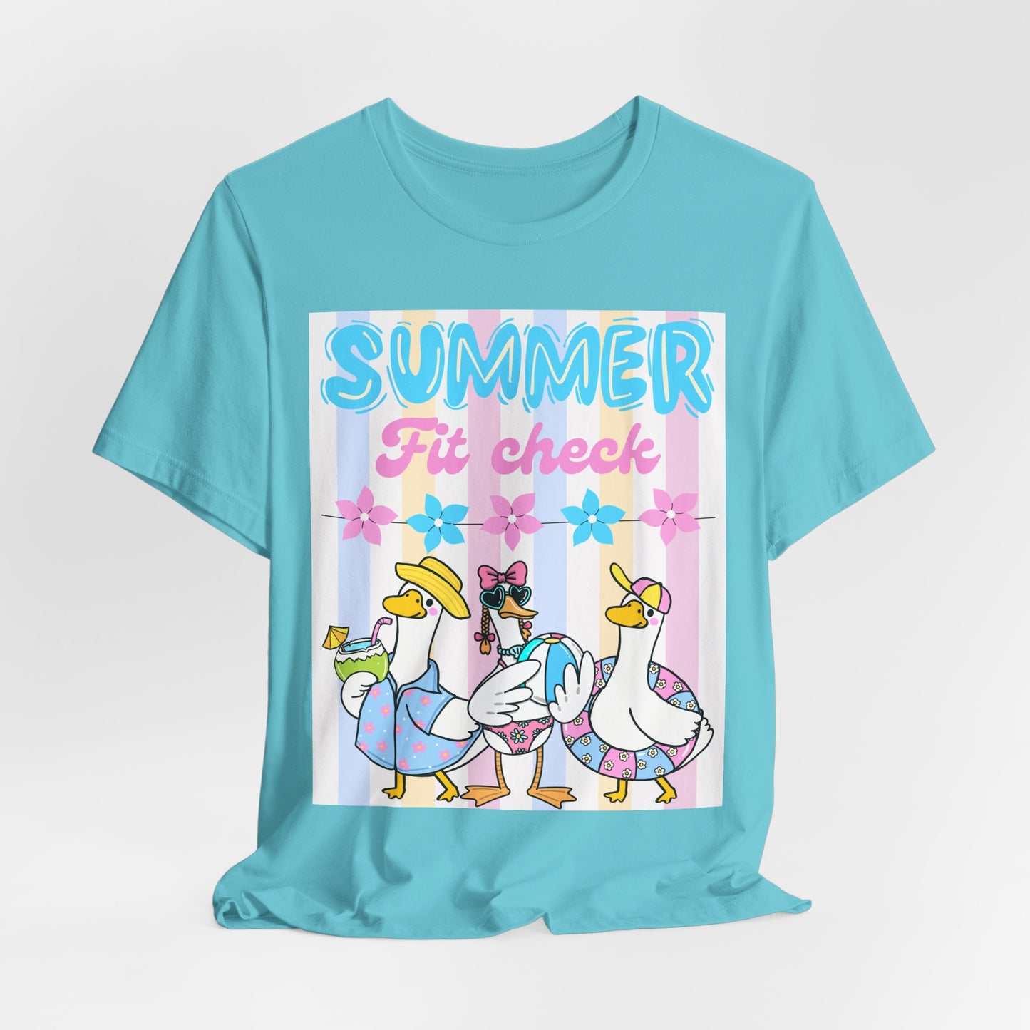 SunflowerPorchCo Summer Fit Check Tee | Cartoon Ducks in Sunglasses, Pastel Beach Vibes