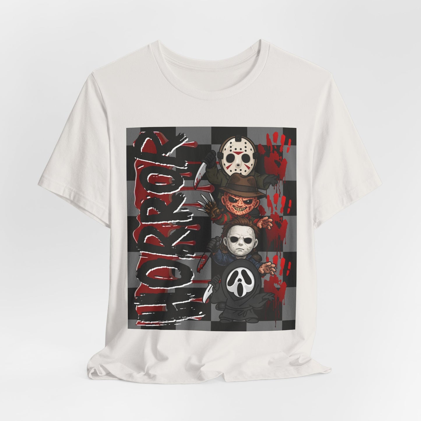 SunflowerPorchCo Horror Mask Stack T-Shirt | Slasher Masks, Blood Handprints, Creepy Checker