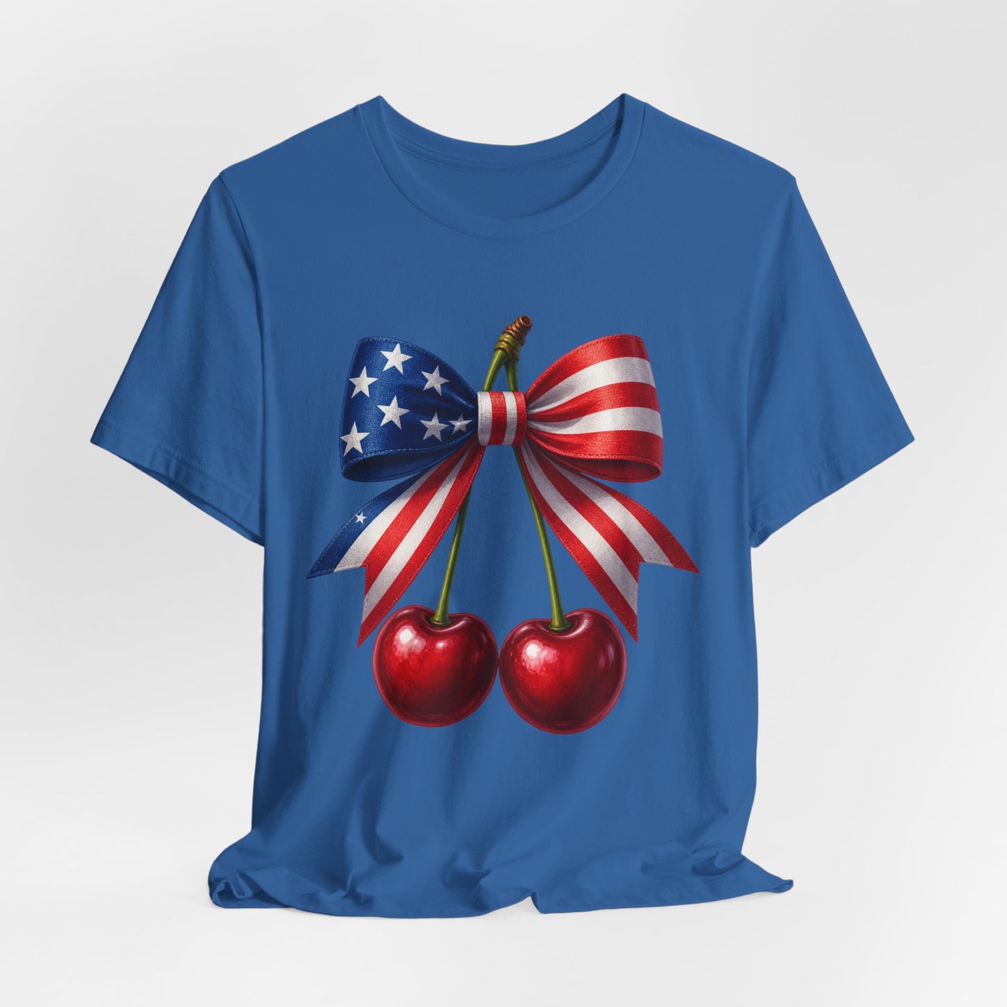 SunflowerPorchCo American Flag Bow with Cherries Tee | Patriotic Fourth of July Shirt