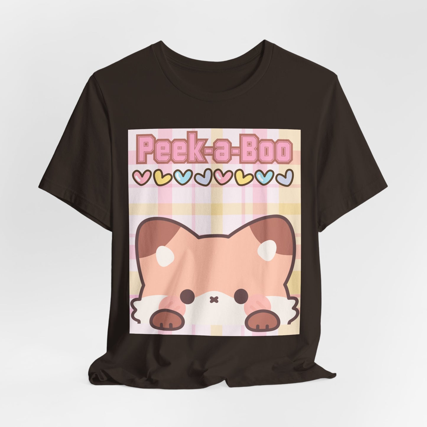 SunflowerPorchCo Peek-a-Boo Kawaii Fox Tee | Cute Pastel Hearts Plaid Shirt
