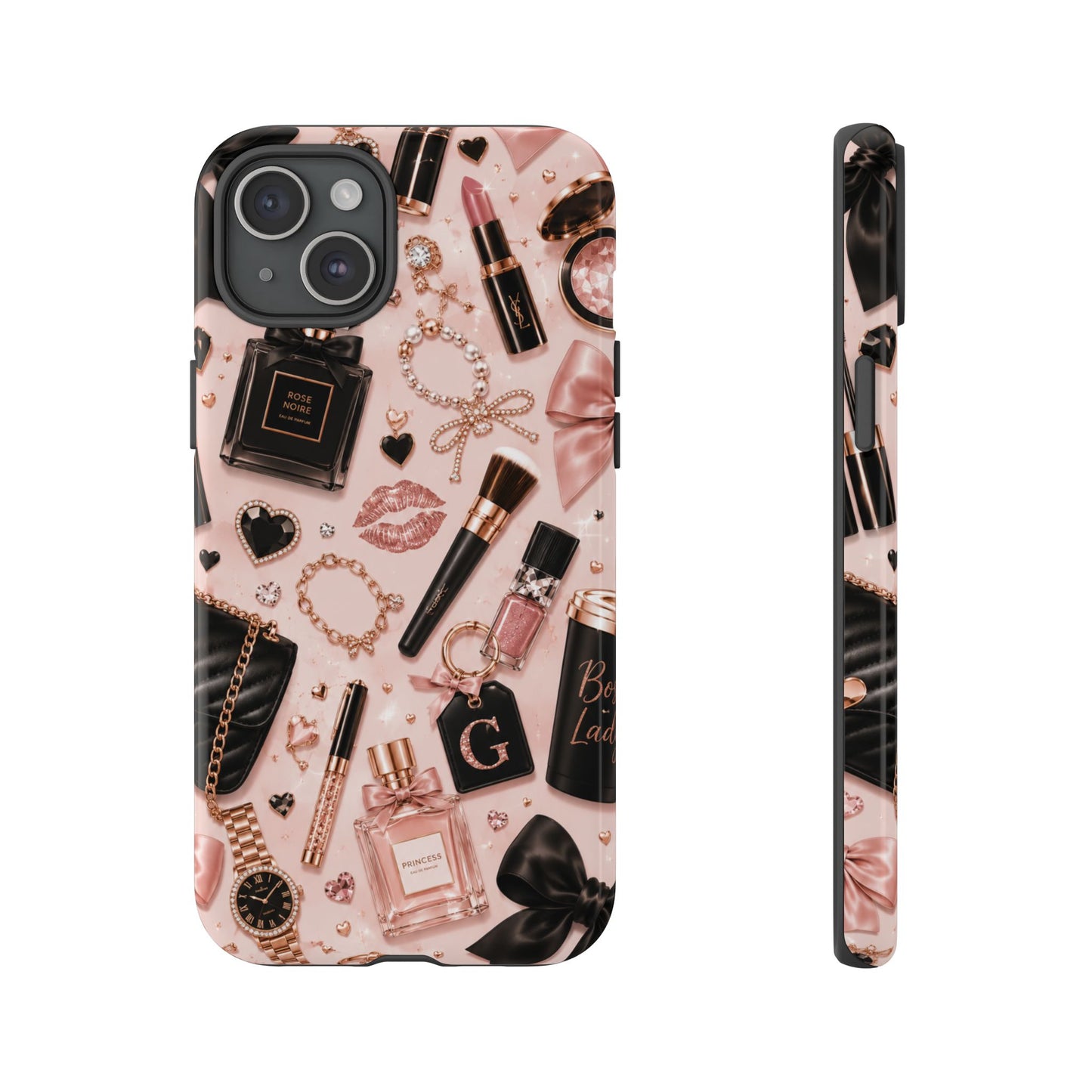 Sunflower Porch Co Glam Makeup Pattern Phone Case | Rose Gold Cosmetics, Perfume, Lipstick