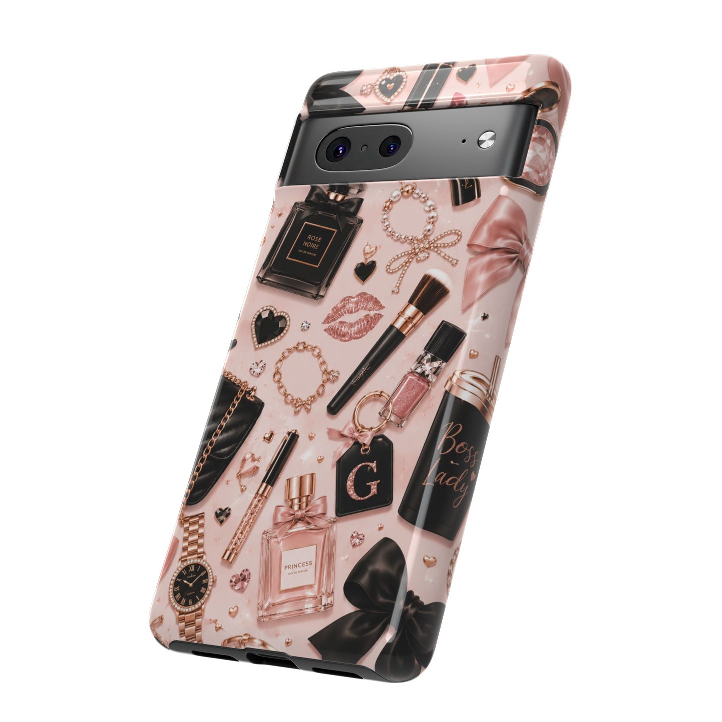 Sunflower Porch Co Glam Makeup Pattern Phone Case | Rose Gold Cosmetics, Perfume, Lipstick