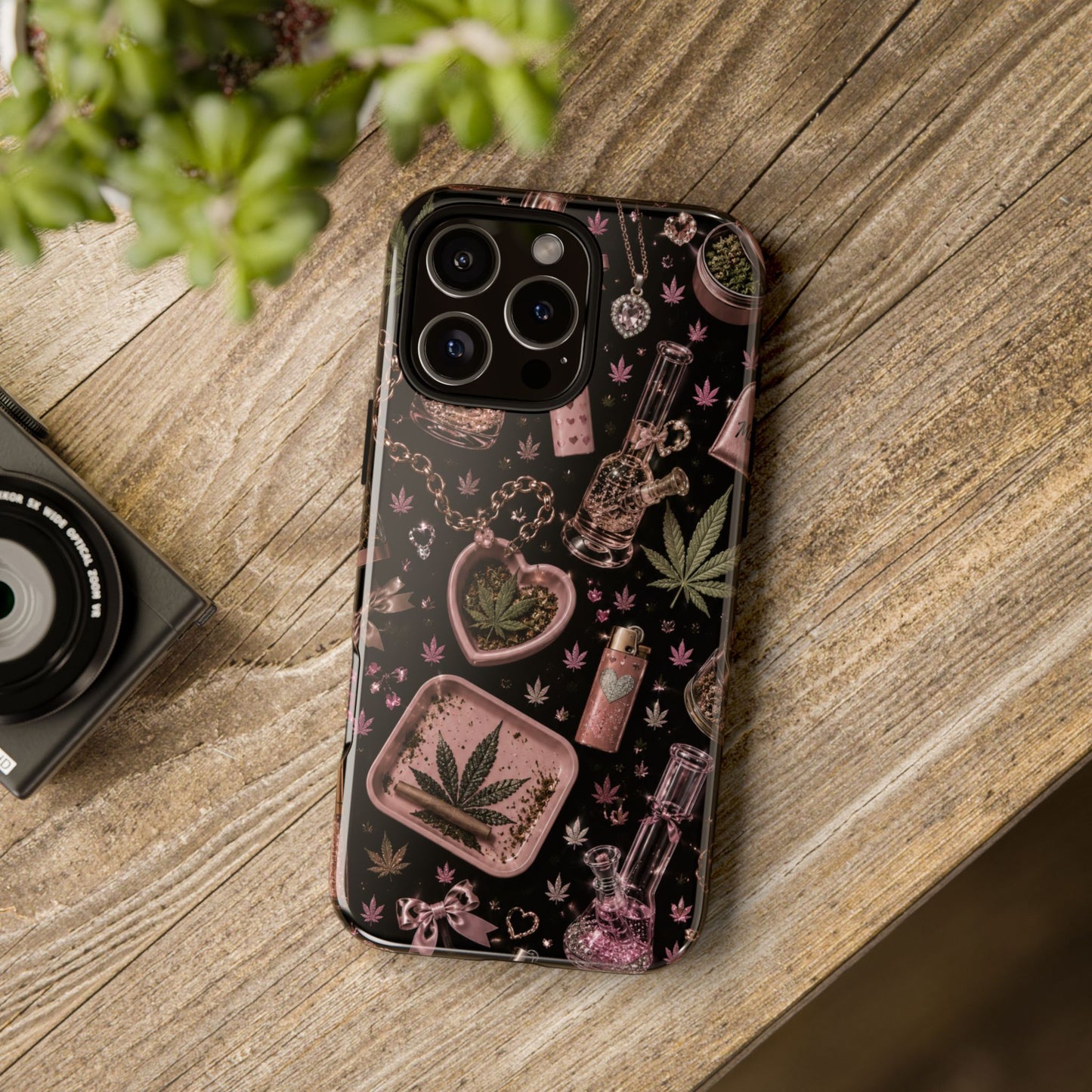 Sunflower Porch Co Pink Cannabis Pattern Tough Case | Weed Leaf Phone Case, Grinder & Lighter Design