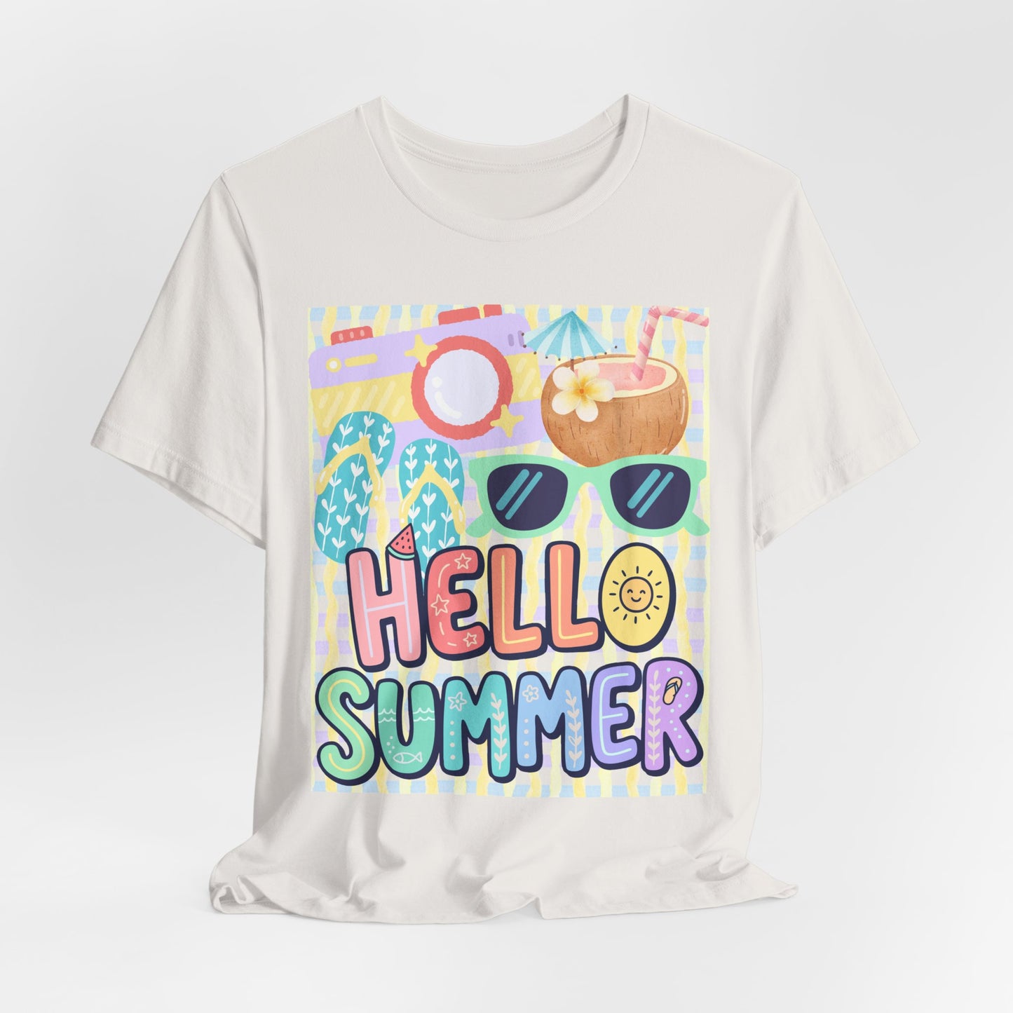 Sunflower Porch Co Hello Summer graphic tee | Summer sunglasses coconut flip flops shirt