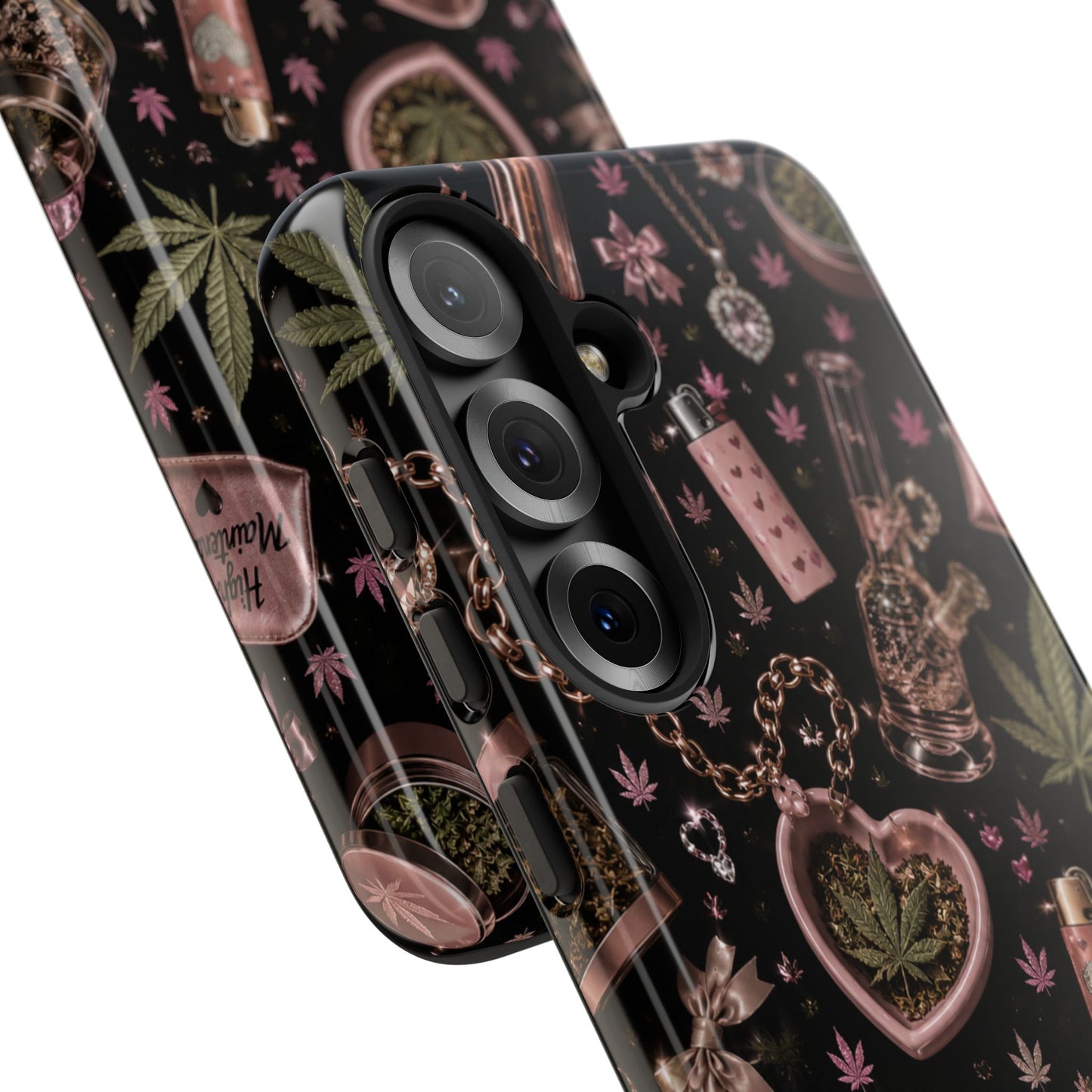 Sunflower Porch Co Pink Cannabis Pattern Tough Case | Weed Leaf Phone Case, Grinder & Lighter Design