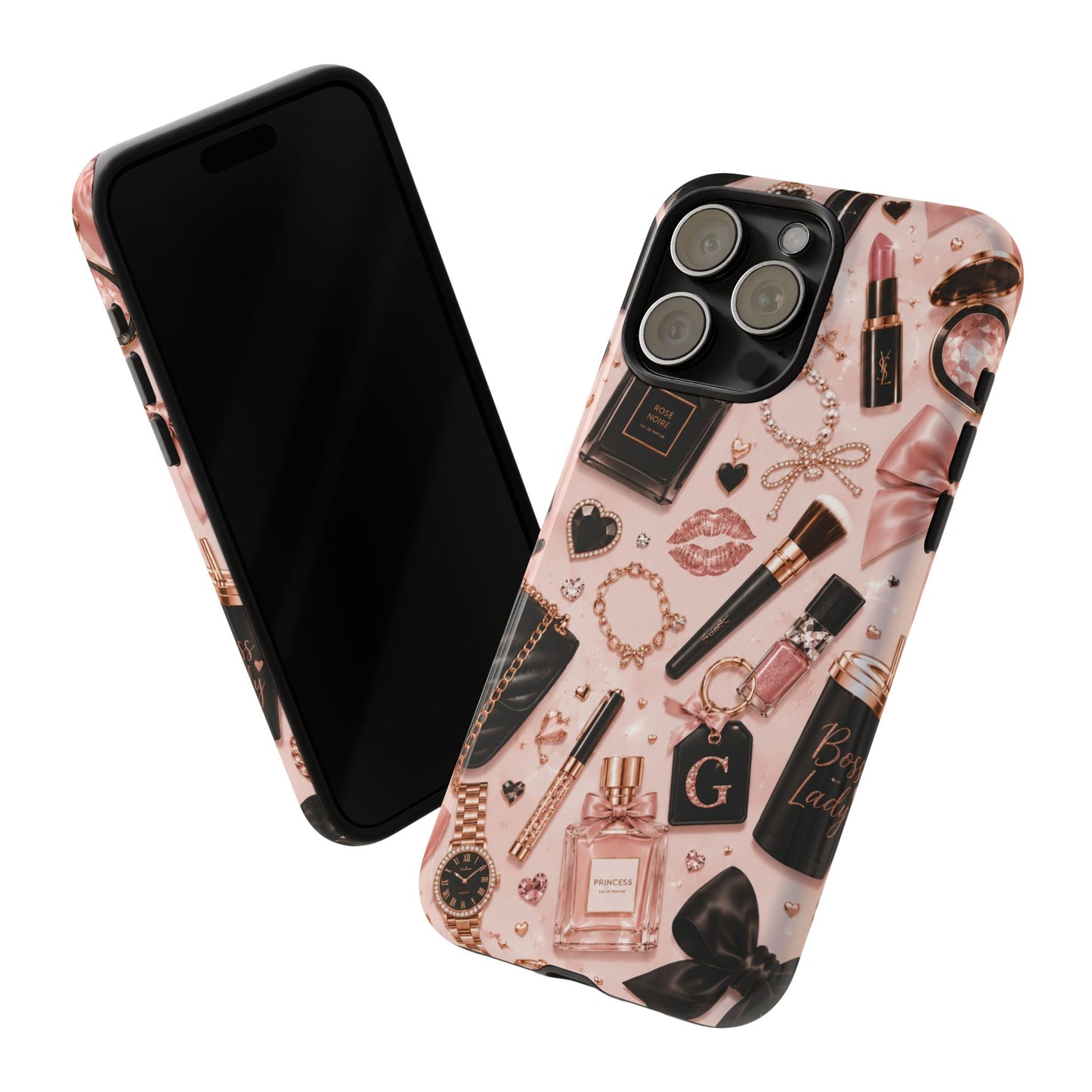 Sunflower Porch Co Glam Makeup Pattern Phone Case | Rose Gold Cosmetics, Perfume, Lipstick