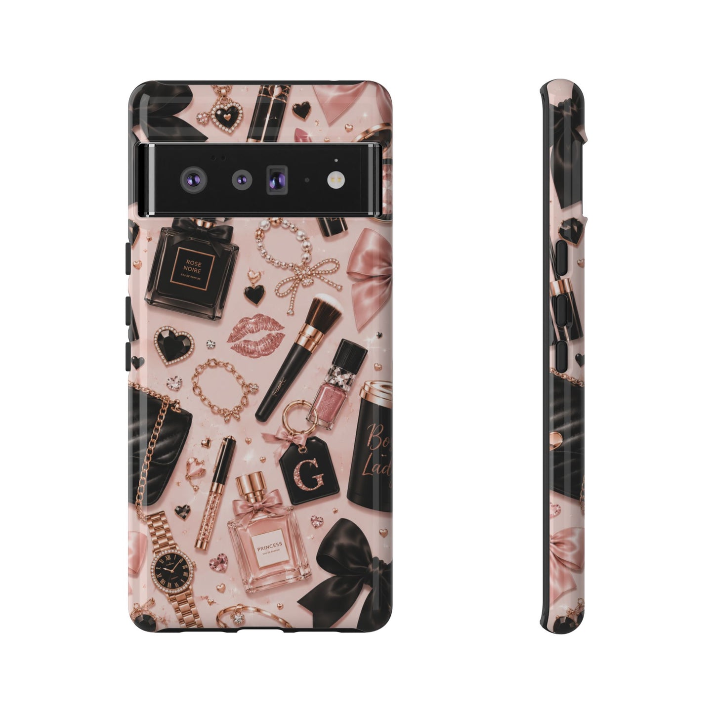 Sunflower Porch Co Glam Makeup Pattern Phone Case | Rose Gold Cosmetics, Perfume, Lipstick