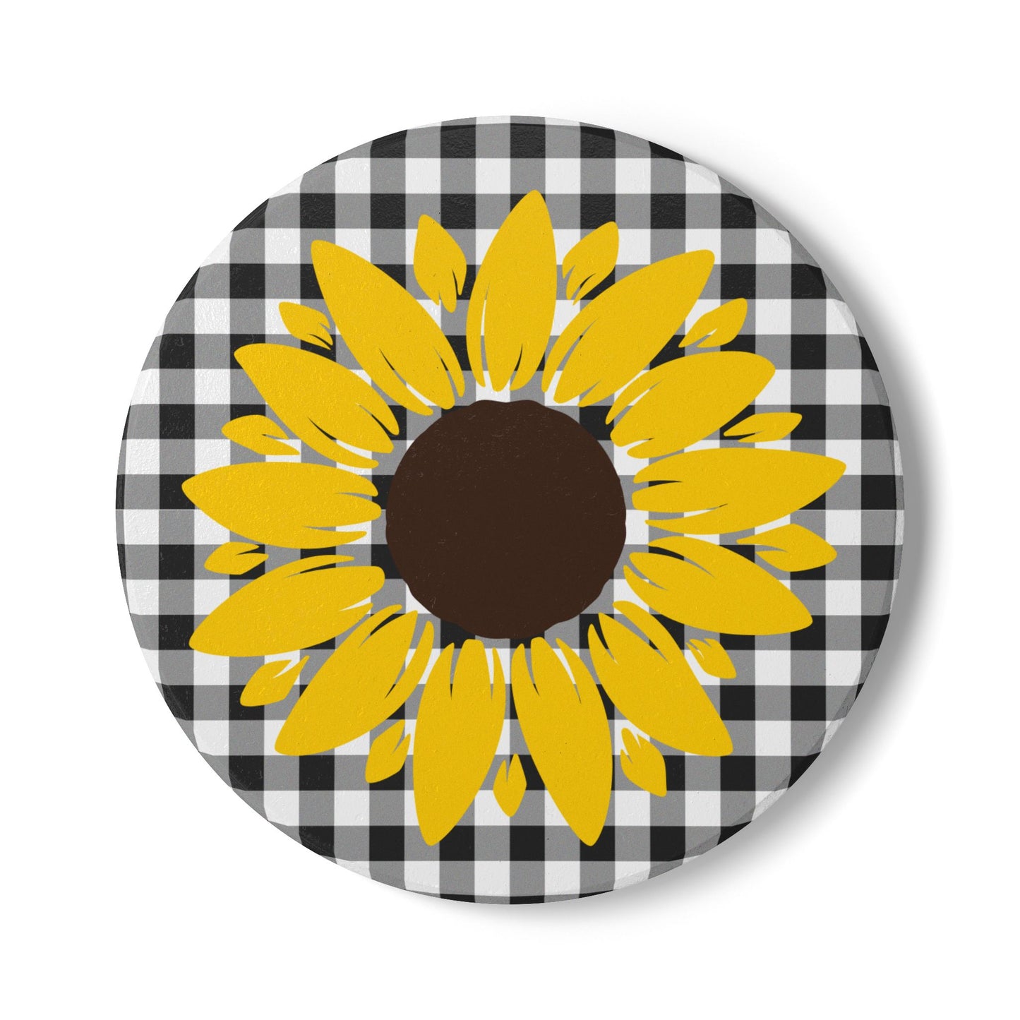Yellow Sunflower on Buffalo Check Ceramic Coaster | Cork Back