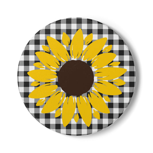 Yellow Sunflower on Buffalo Check Ceramic Coaster | Cork Back