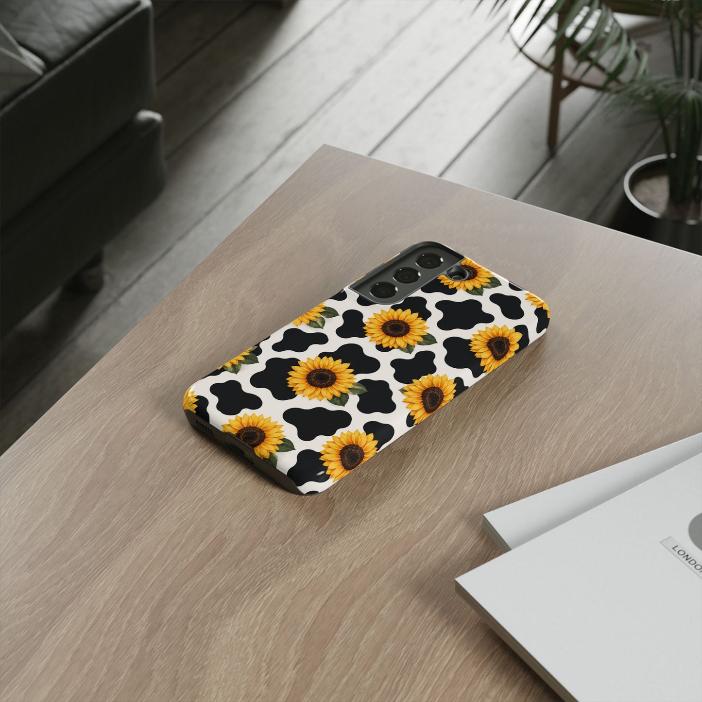 Sunflower Cow Print Tough Case | Phone Case, Floral Farm Animal Pattern