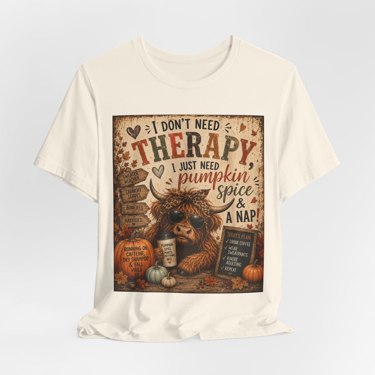 Sunflower Porch Co Pumpkin Spice & A Nap Highland Cow Tee | Fall Autumn Cozy Shirt