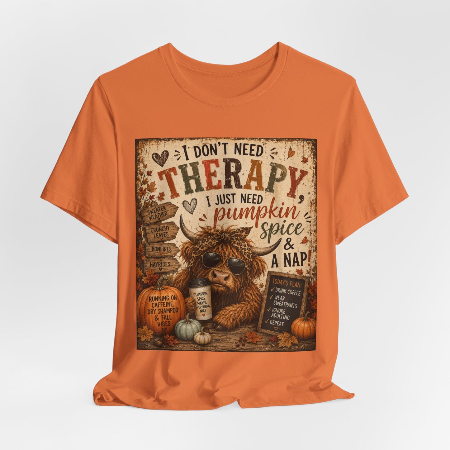 Sunflower Porch Co Pumpkin Spice & A Nap Highland Cow Tee | Fall Autumn Cozy Shirt