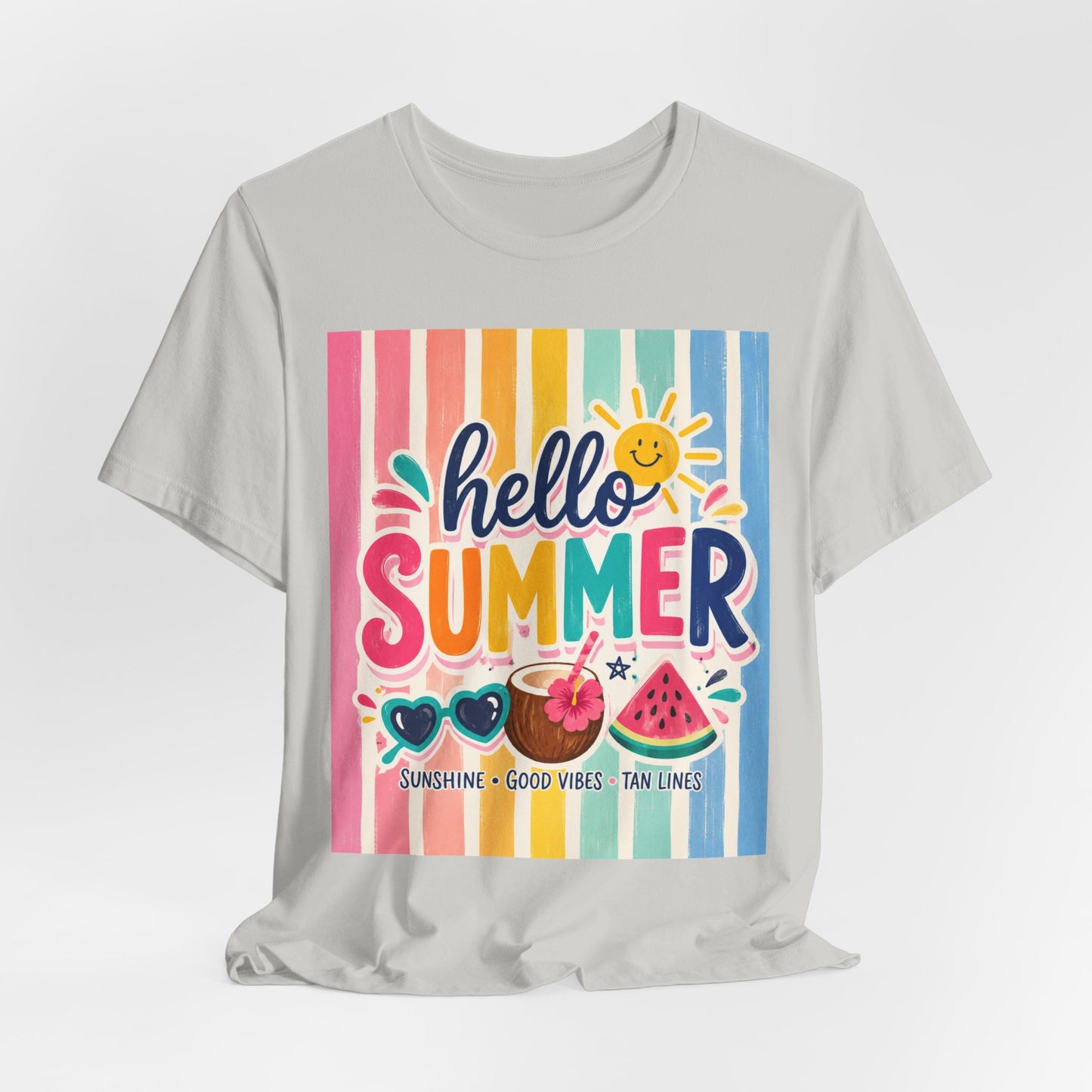 Sunflower Porch Co. Hello Summer Tee - Colorful Stripes, Sunshine & Watermelon Graphic