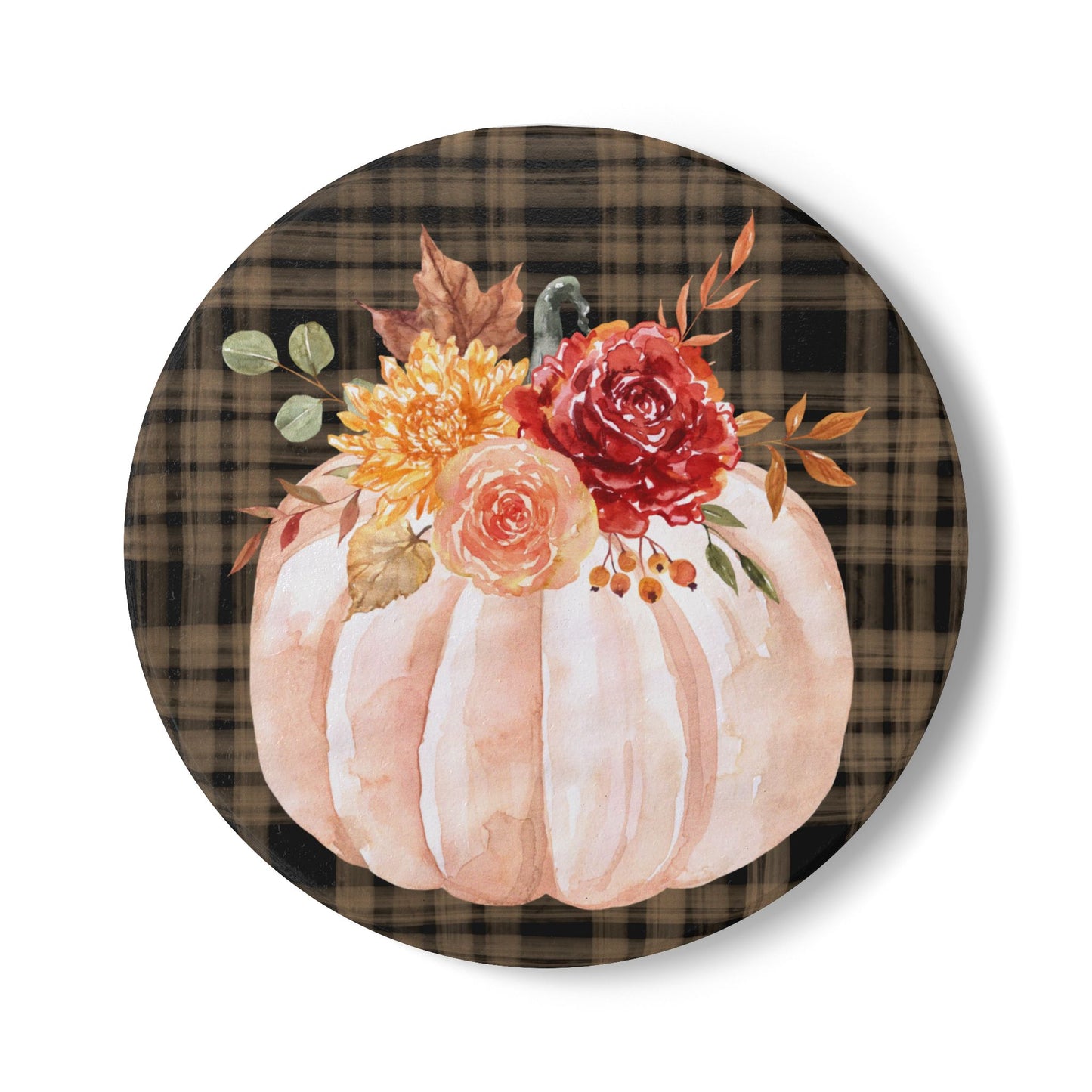 Floral Pumpkin Ceramic Coaster | Fall Plaid Table Decor