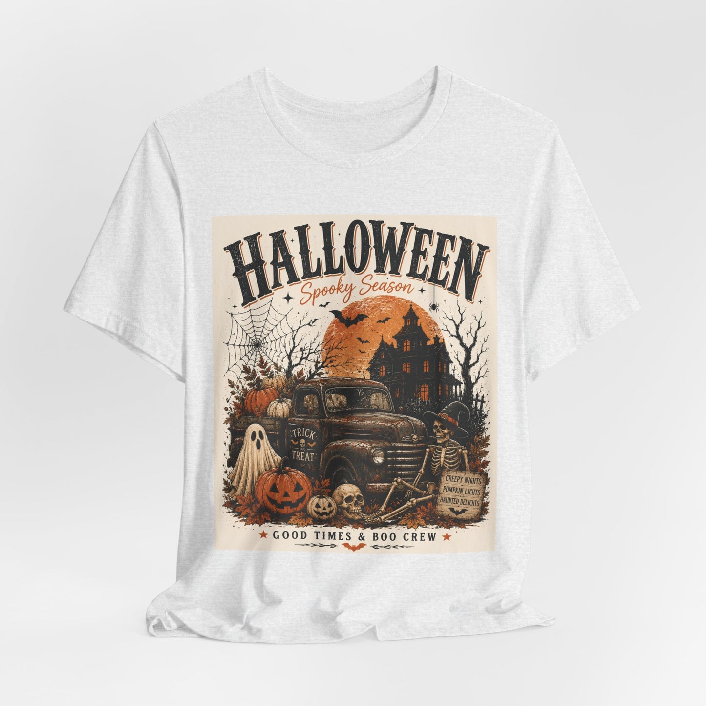Sunflower Porch Co Halloween Vintage Truck Tee | Spooky Season Pumpkin Ghost Haunted House