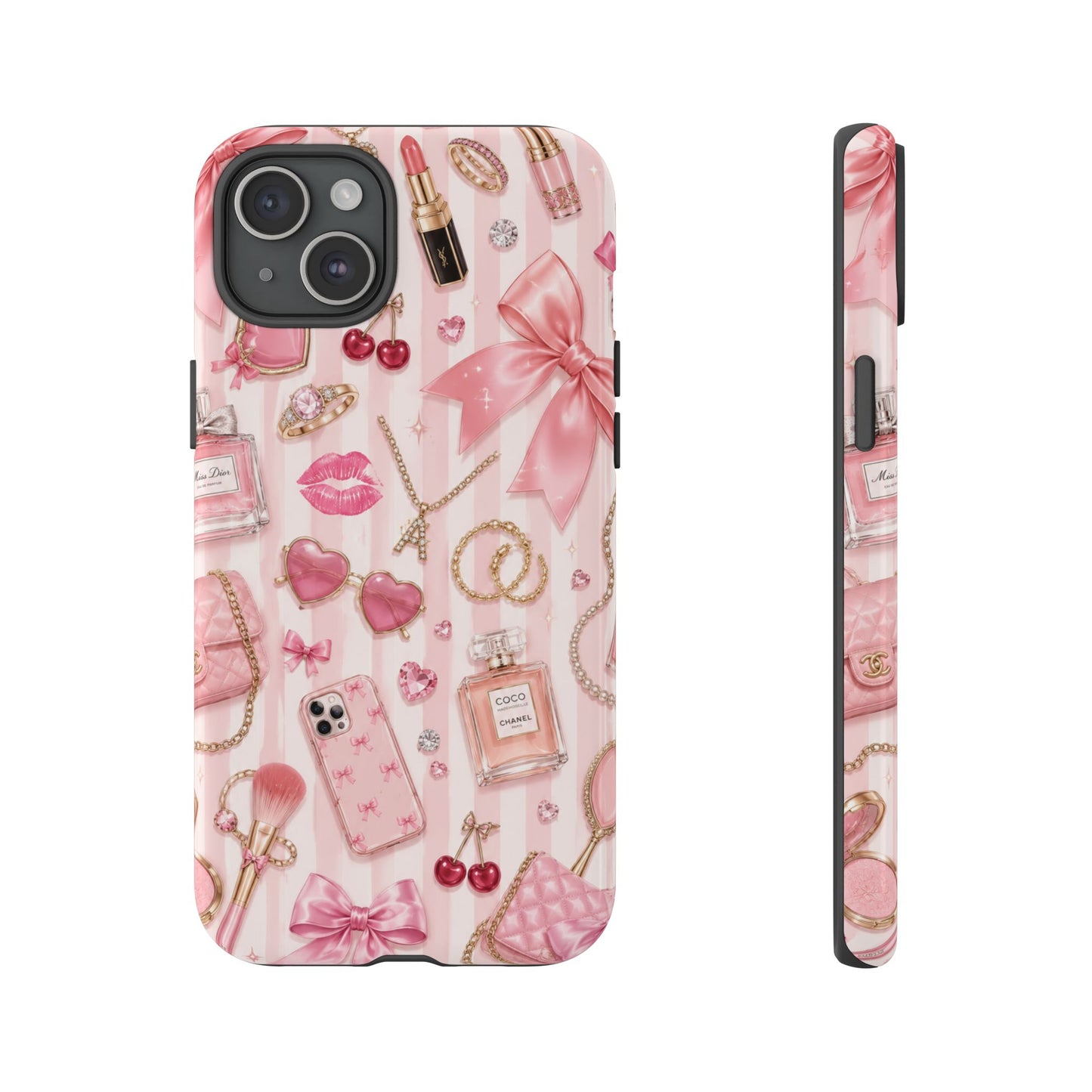 Pink Glam Pattern phone case | Makeup, bows, perfume, lipstick design