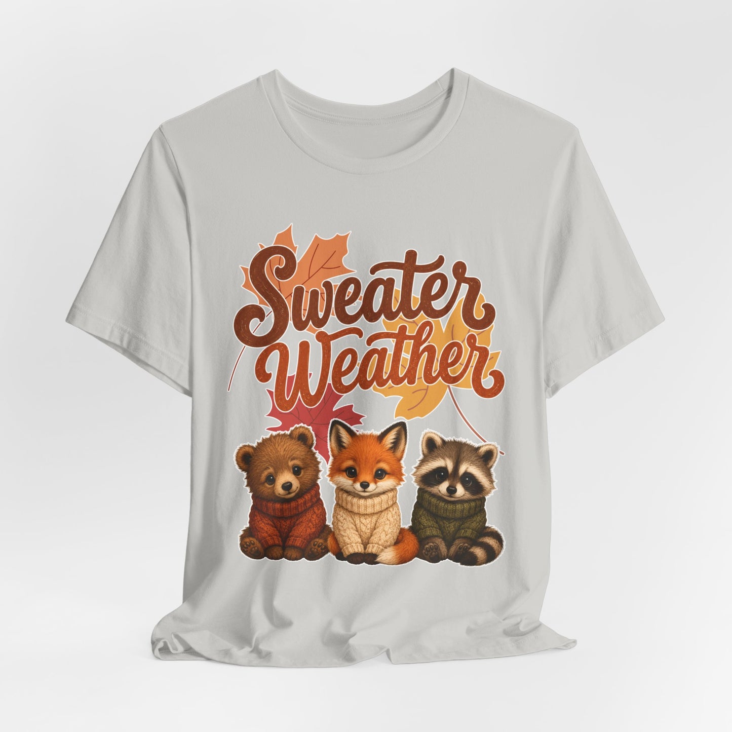 Sweater Weather woodland animals Tee | Fox Bear Raccoon fall leaves