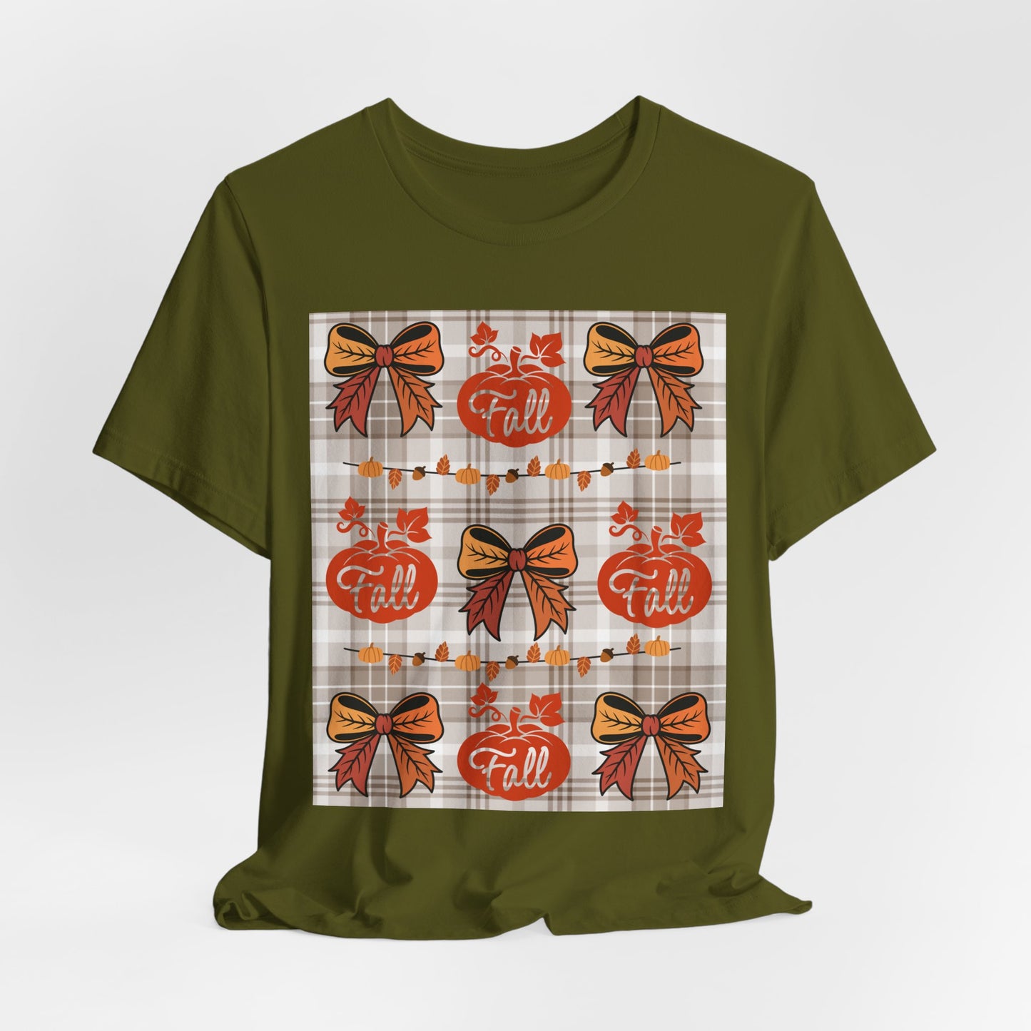 SunflowerPorchCo Fall Pumpkin Plaid Pattern Tee | Autumn Bow Graphic T-Shirt