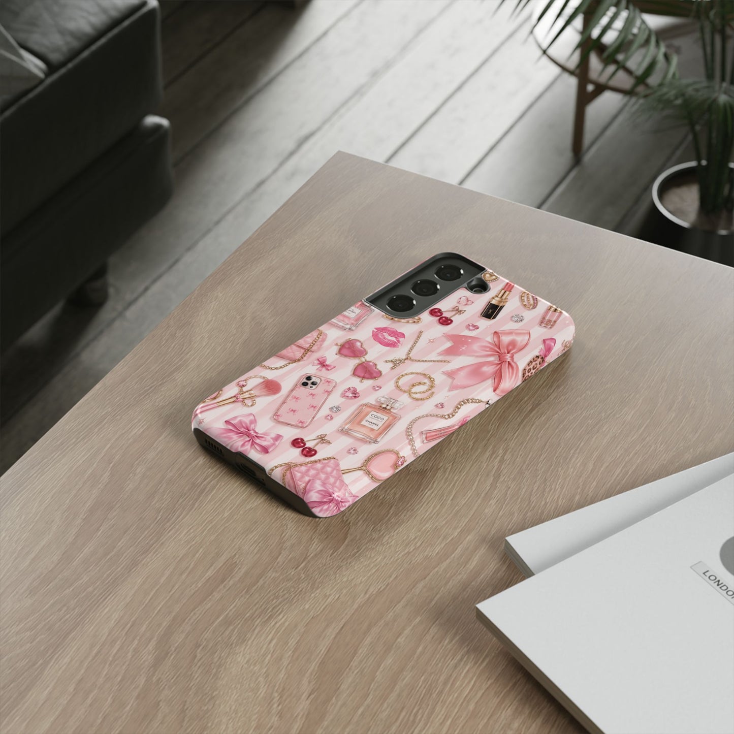 Pink Glam Pattern phone case | Makeup, bows, perfume, lipstick design