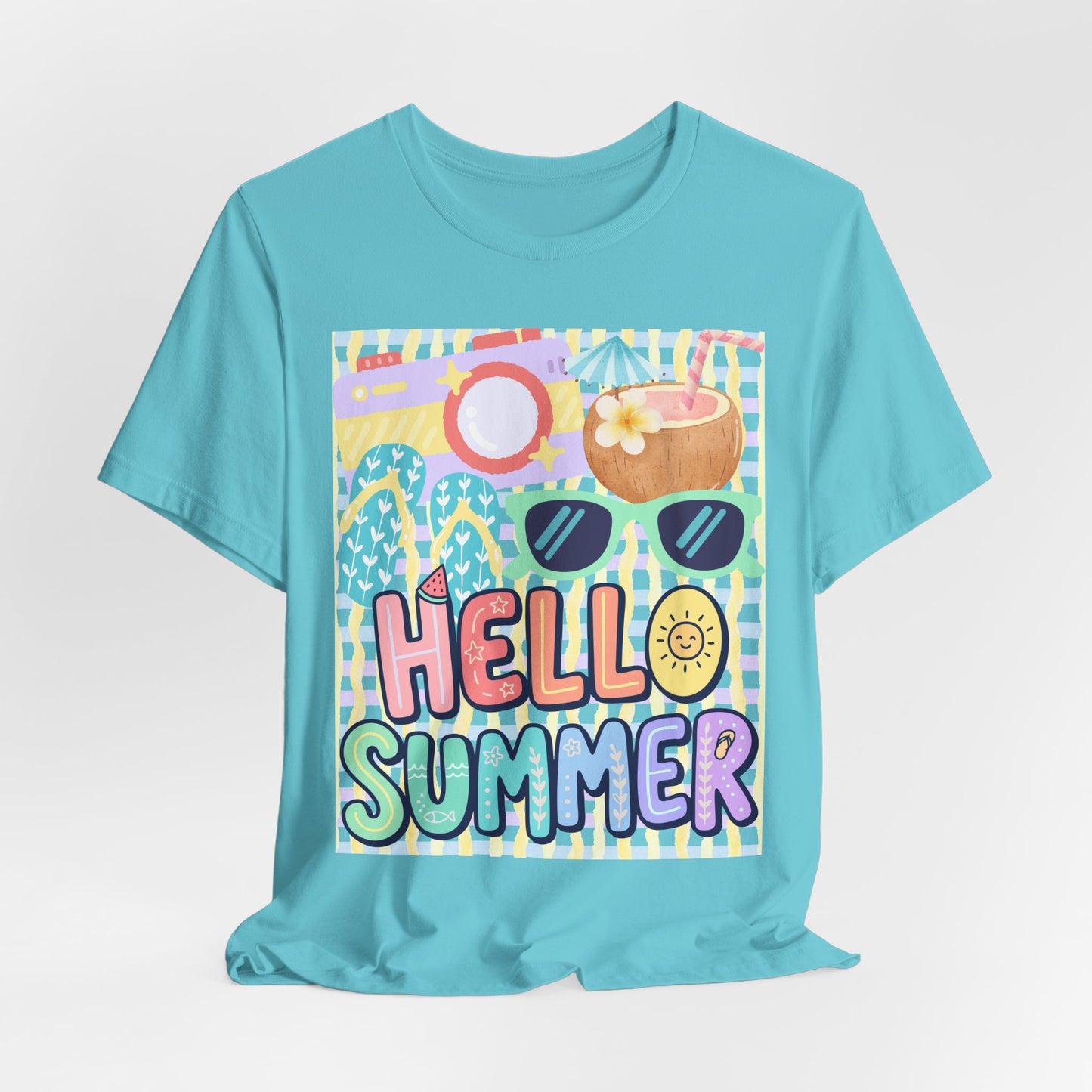 Sunflower Porch Co Hello Summer graphic tee | Summer sunglasses coconut flip flops shirt