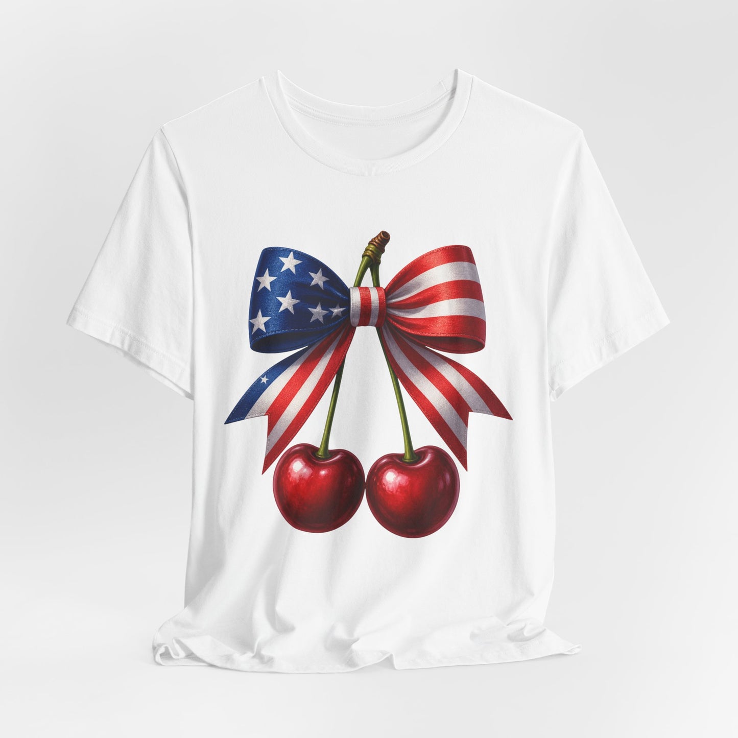 SunflowerPorchCo American Flag Bow with Cherries Tee | Patriotic Fourth of July Shirt