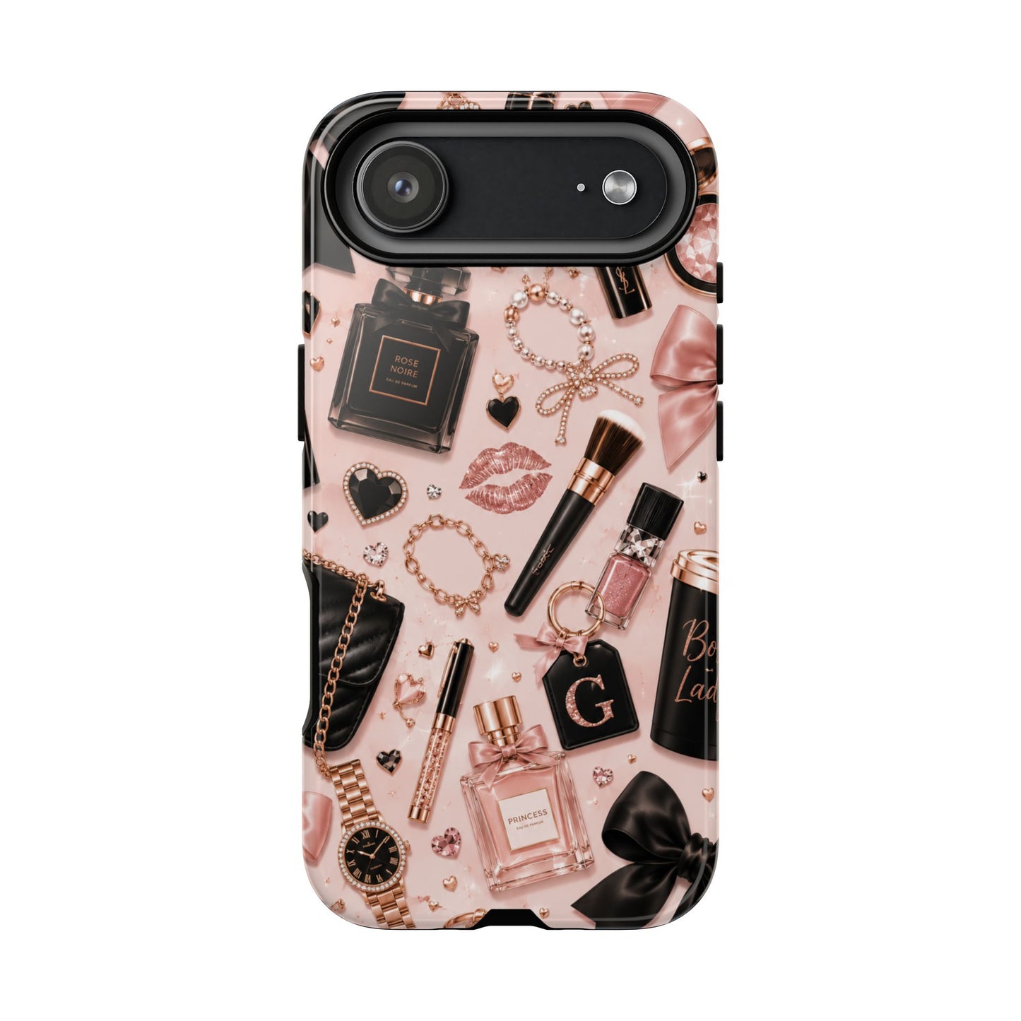 Sunflower Porch Co Glam Makeup Pattern Phone Case | Rose Gold Cosmetics, Perfume, Lipstick