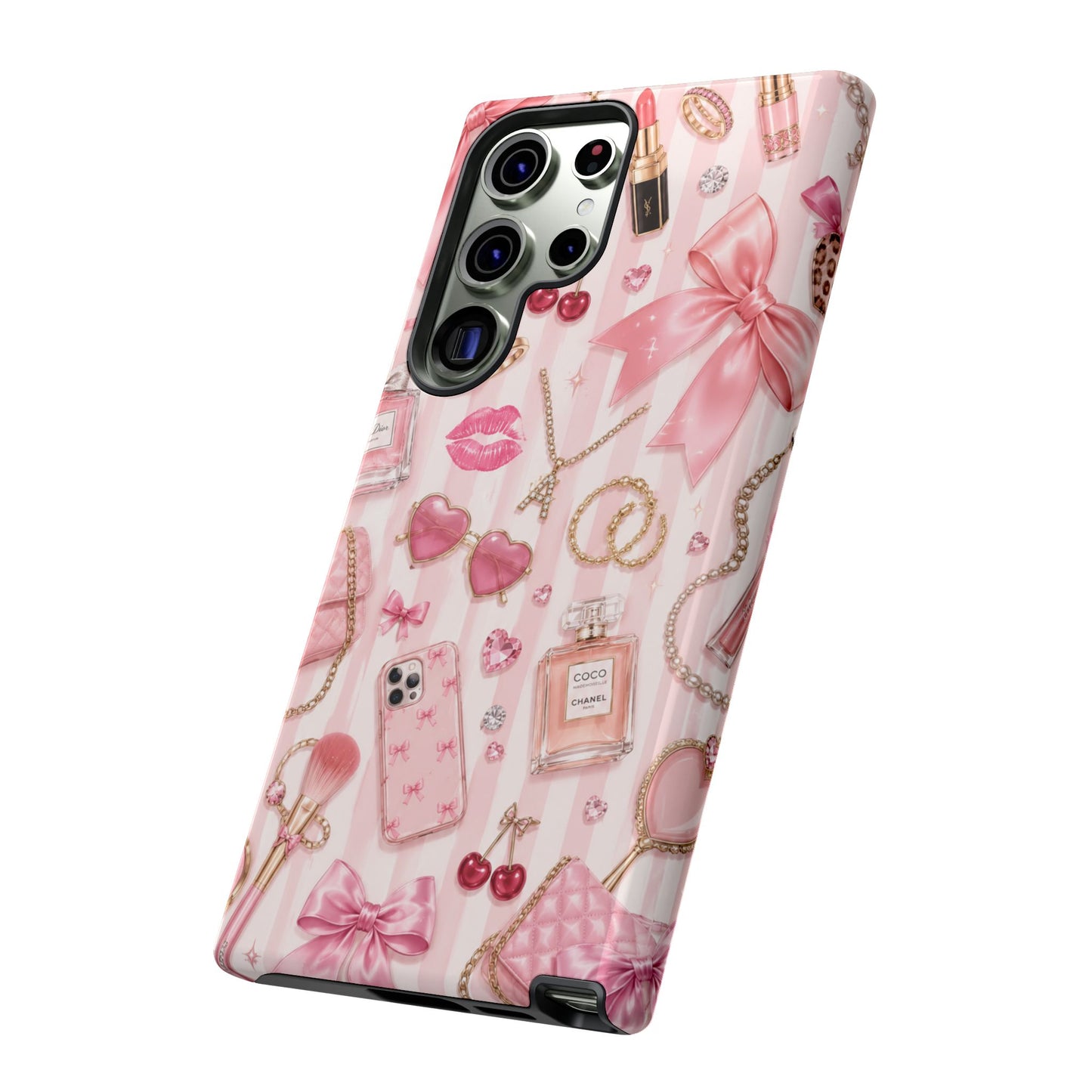 Pink Glam Pattern phone case | Makeup, bows, perfume, lipstick design