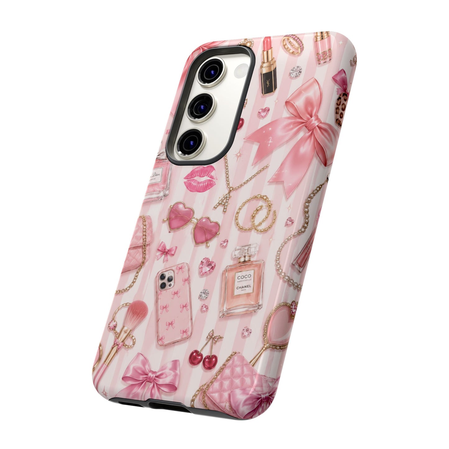 Pink Glam Pattern phone case | Makeup, bows, perfume, lipstick design