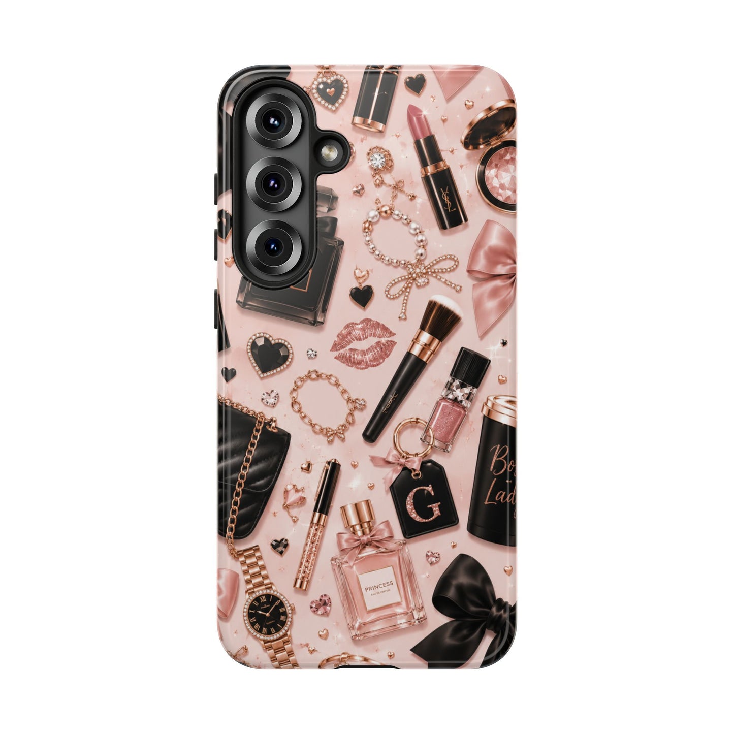 Sunflower Porch Co Glam Makeup Pattern Phone Case | Rose Gold Cosmetics, Perfume, Lipstick