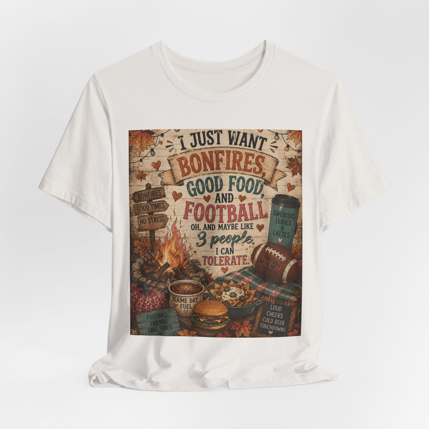 Sunflower Porch Co Bonfires Good Food and Football Tee | Fall Campfire Typography Shirt