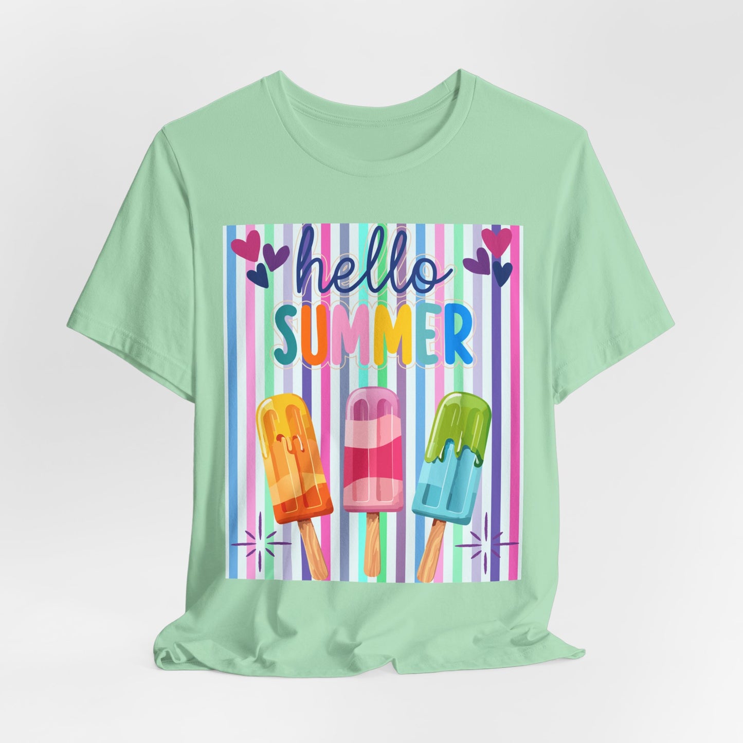 Sunflower Porch Co Hello Summer Popsicles T-Shirt | Colorful Stripes, Cute Ice Cream Design