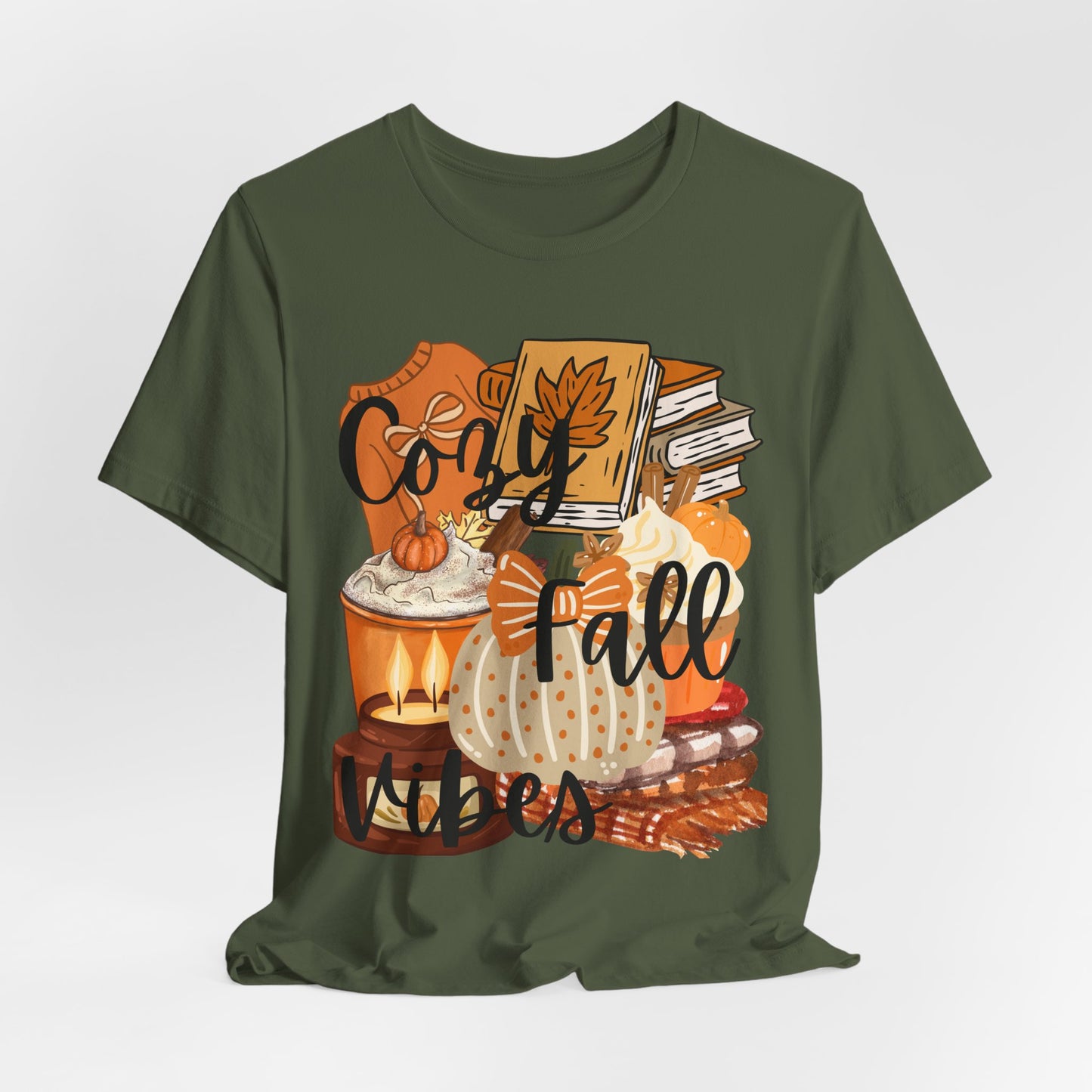 SunflowerPorchCo Cozy Fall Vibes T-Shirt | Pumpkin Books Candle Autumn Tee